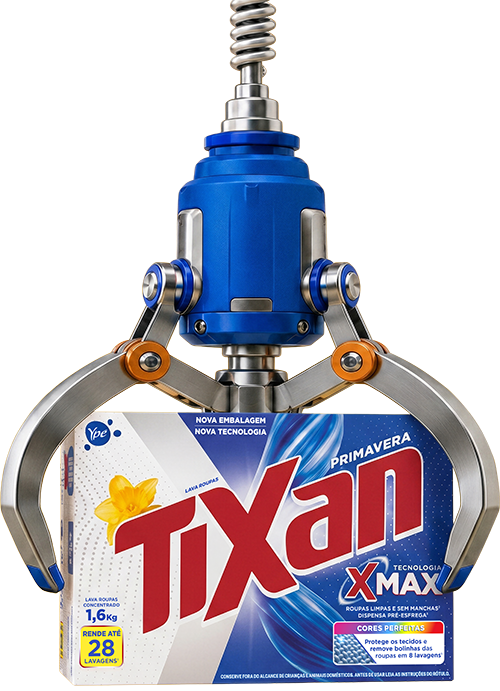Garra mecânica azul carregando o produto Tixan Ypê XMax.